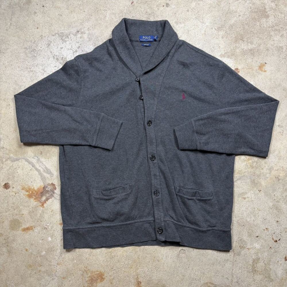 Grey Polo Ralph Lauren Cotton Estate Rib Cardigan Sweater Size XL